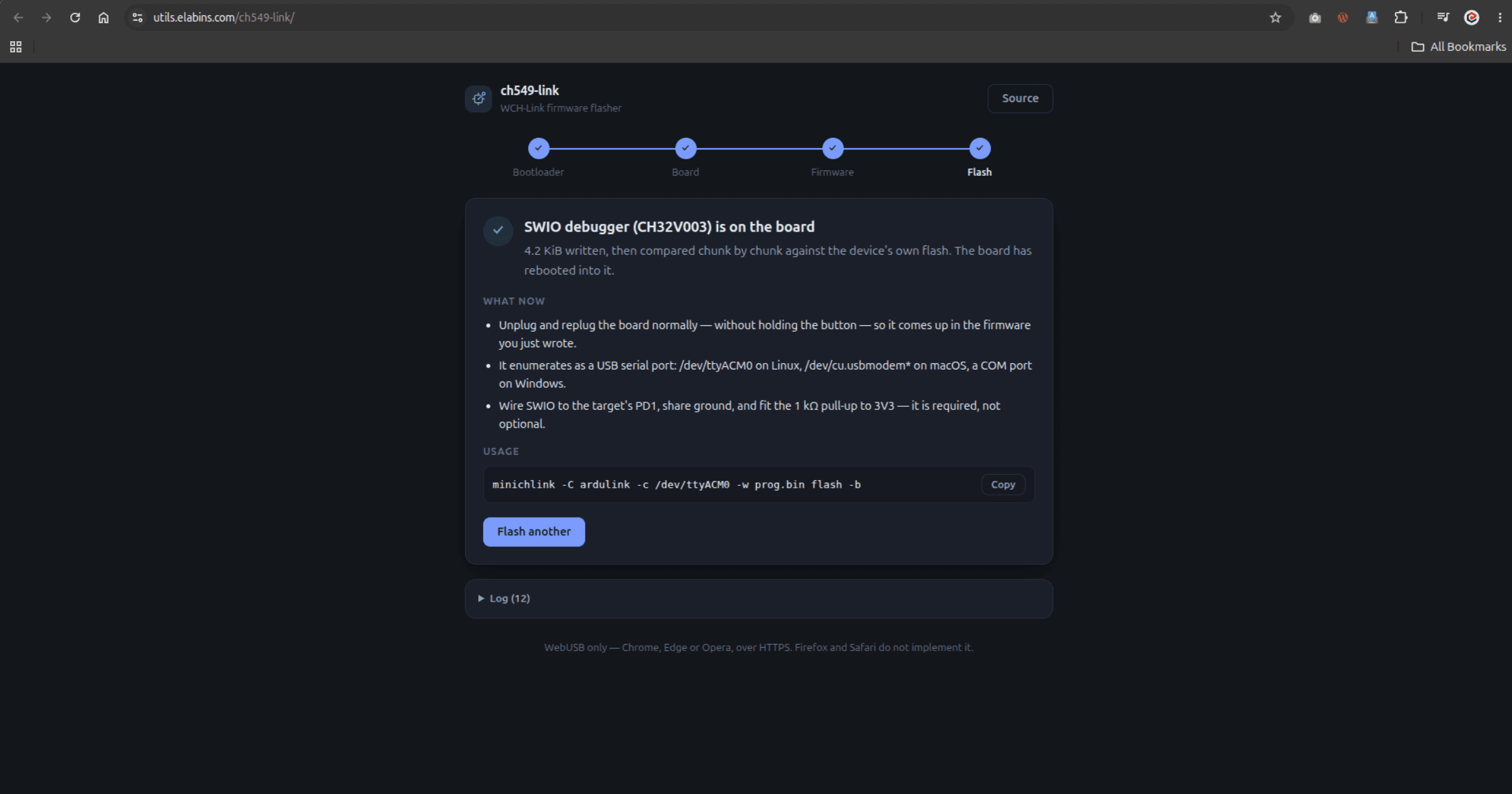 Flasher finished, reading SWIO debugger is on the board, 4.2 KiB written and verified, with wiring notes and the minichlink command
