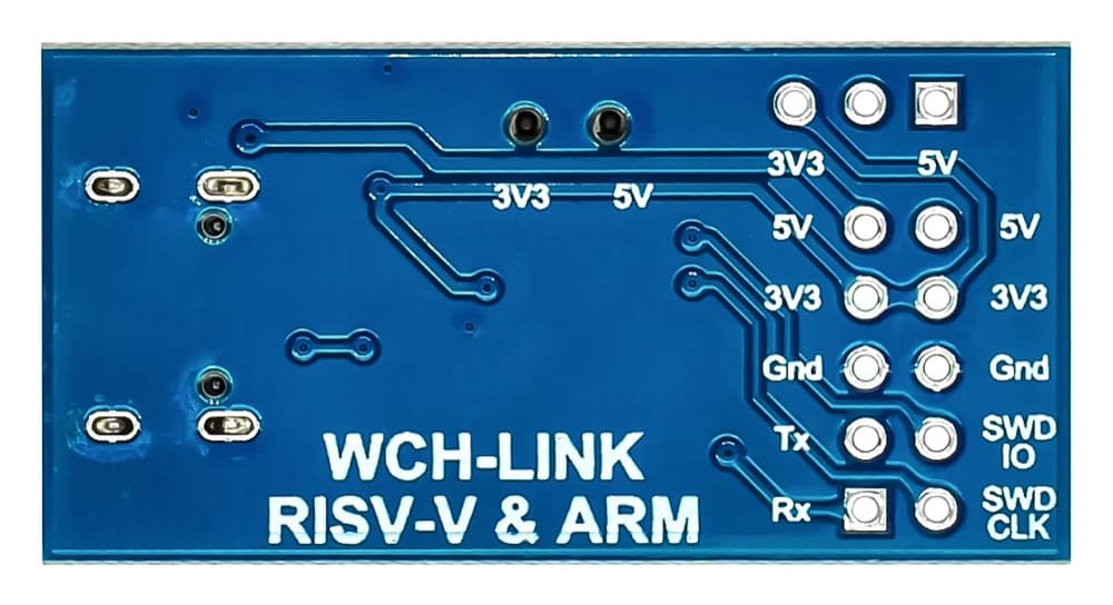 Underside of the board, silkscreened WCH-LINK RISC-V and ARM, with the pin labels repeated