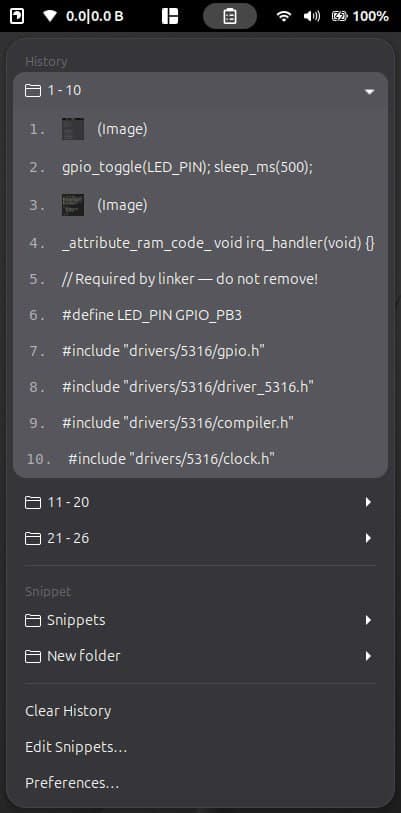 The Clipix menu with a history folder open, showing numbered clippings and image thumbnails