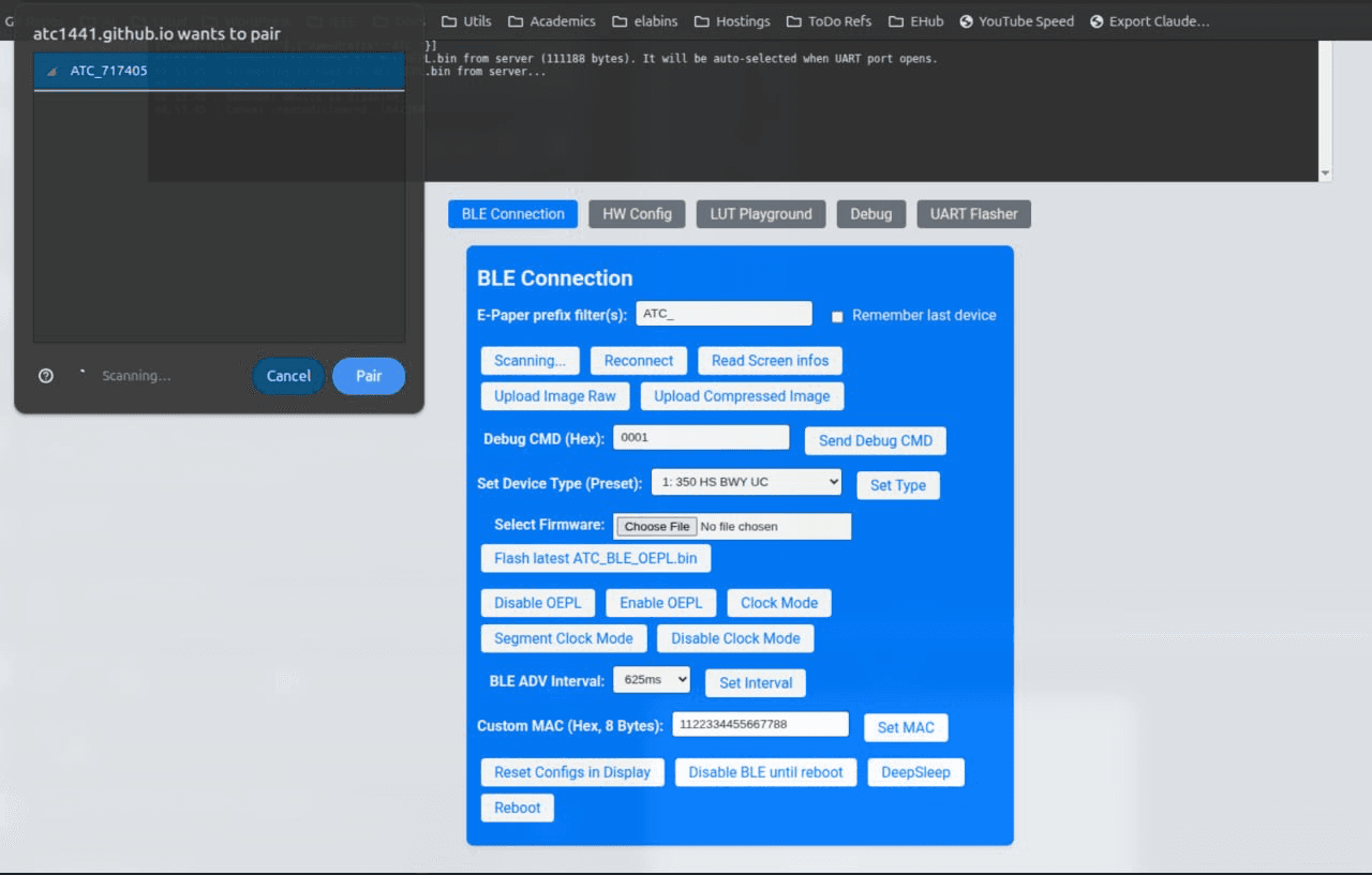 The browser's Bluetooth device picker showing ATC_717405