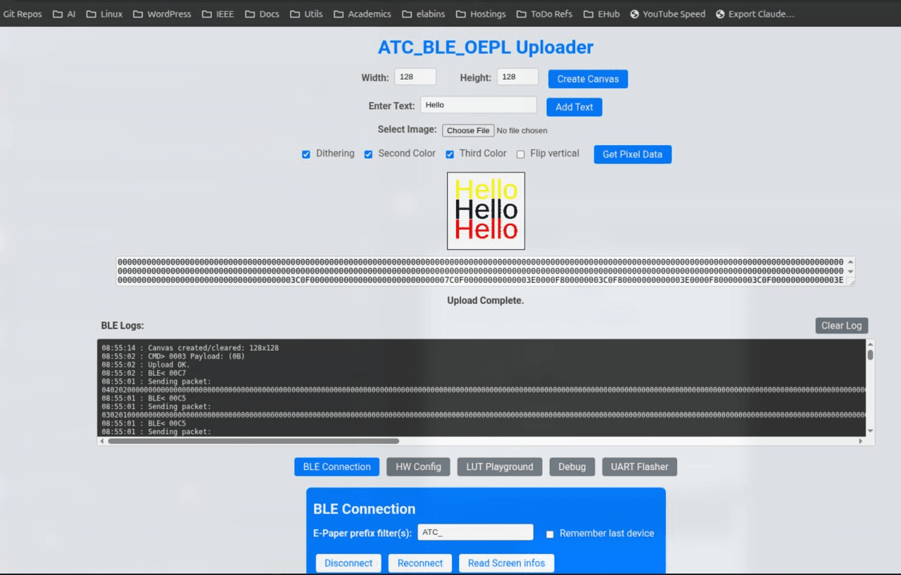The image upload tool showing a 128x128 canvas with three Hello lines