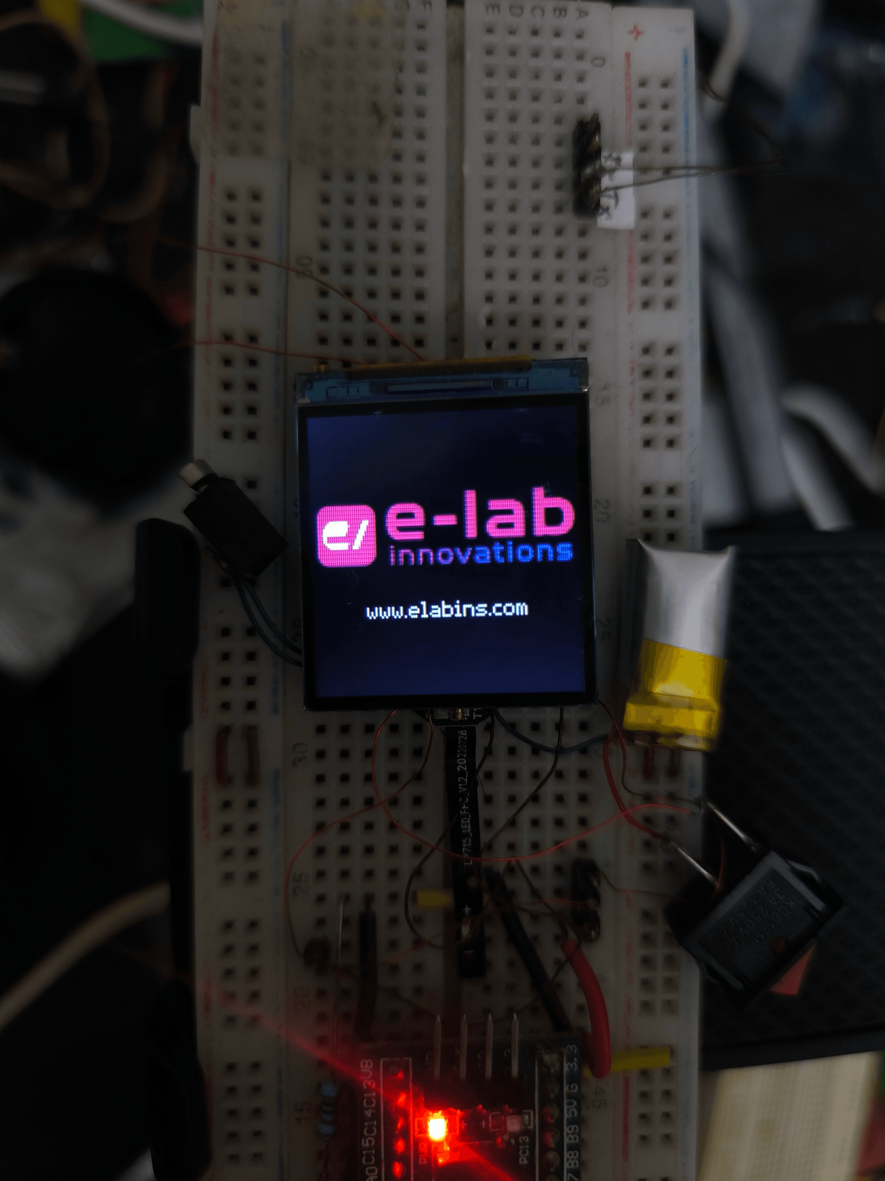 The e-lab innovations wordmark and URL on the watch display
