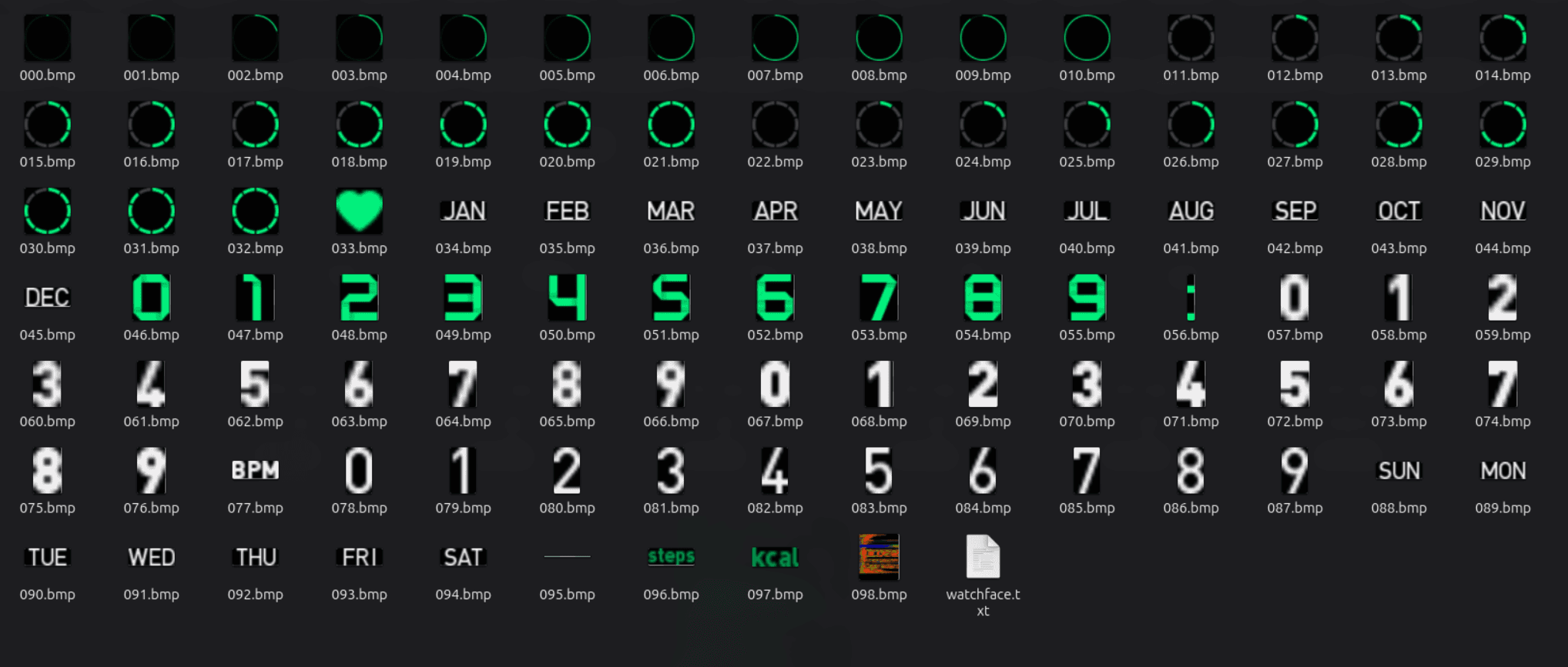 Dump folder showing the original green watch face assets