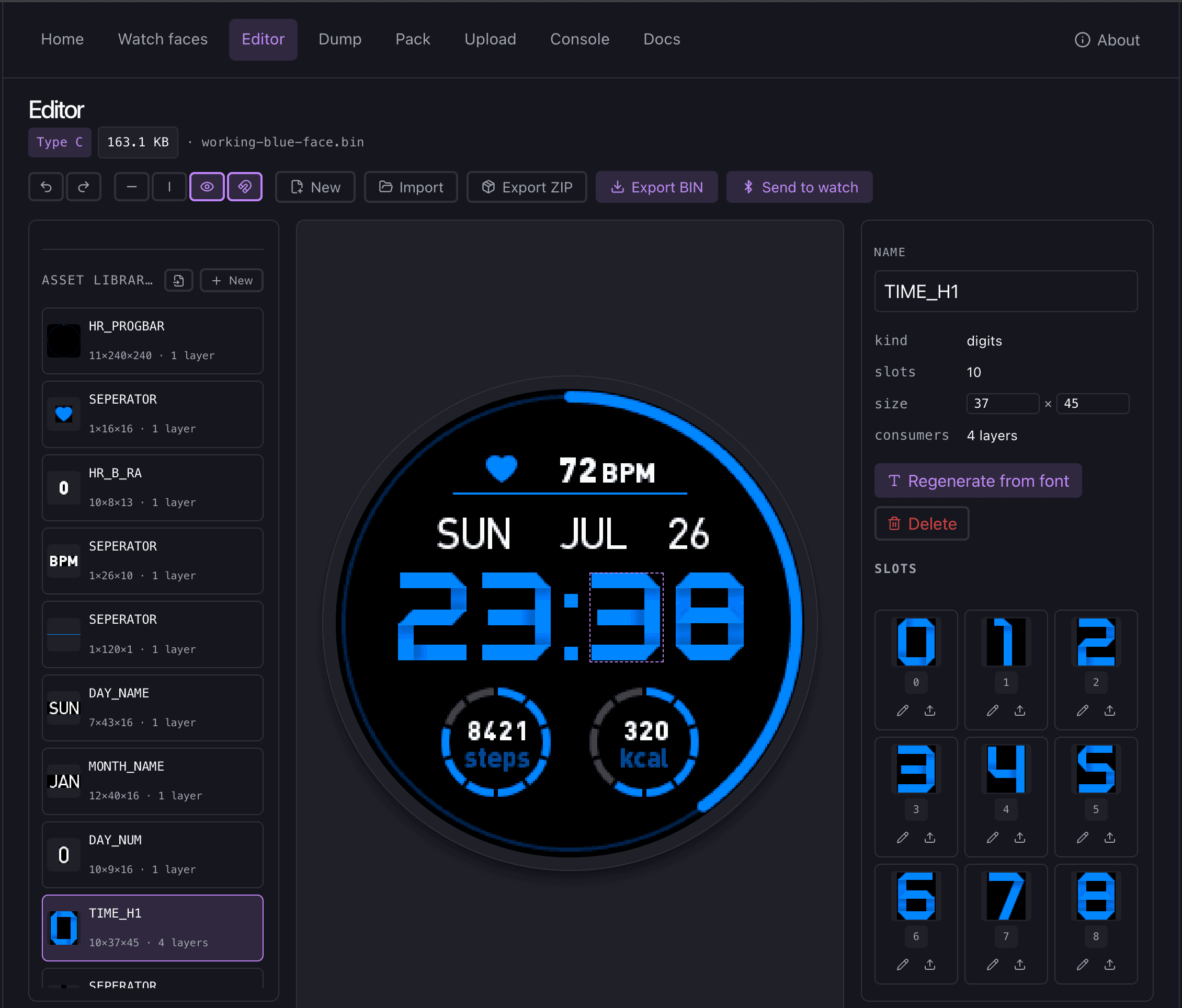 The editor's asset library listing each bitmap set with its slot count and dimensions